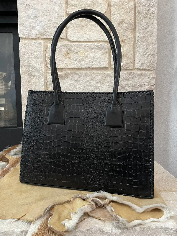 Juan Antonio Black Croco Embossed Leather Tote