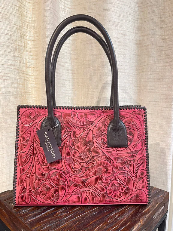 Juan Antonio Floral Embossed Rose Leather Tote