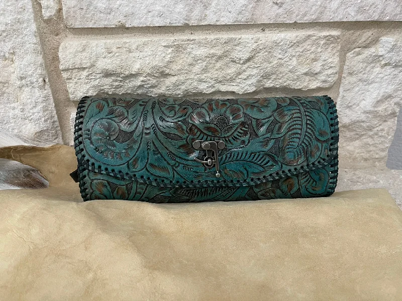 Juan Antonio Tooled Turquoise Leather Clutch