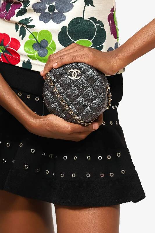 Pre-Loved Chanel™ 2018/19 Dark Iridescent Caviar Quilted Round Clutch with Chain