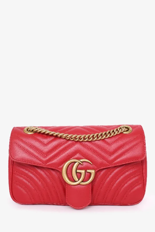 Gucci Red Leather Small GG Marmont Shoulder Bag