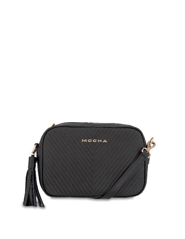 Mocha Chevron Box Leather Crossbody Bag - Black/Light Gold