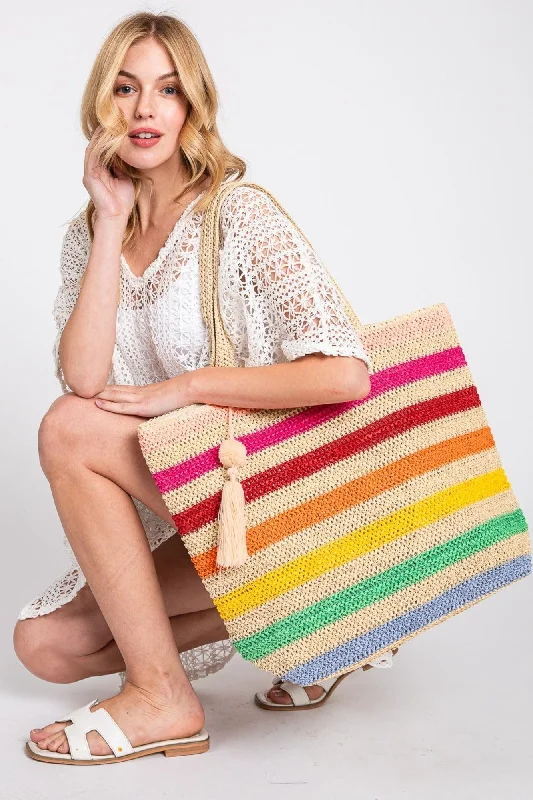 MB0205 Amara Striped Crochet Tote Bag With Tassel