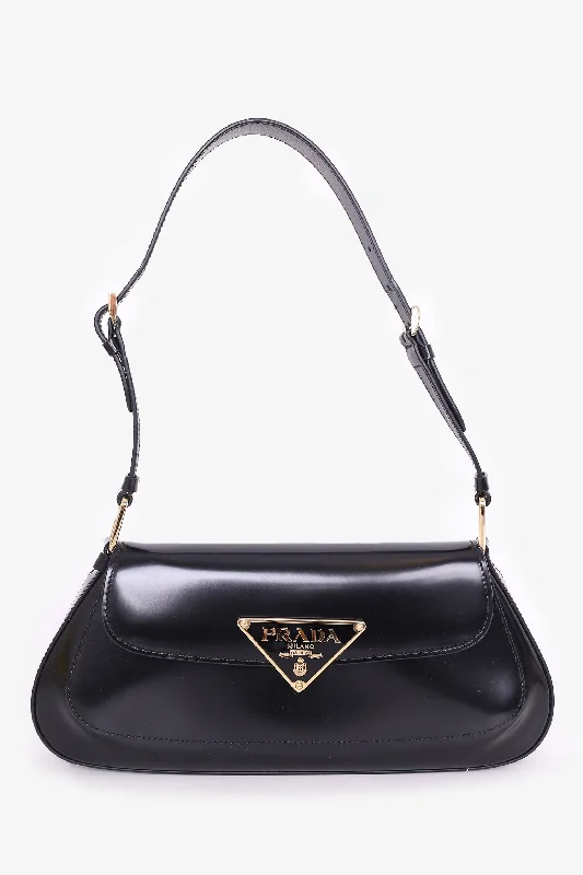 Prada Black Calf Leather Cleo Logo Plaque Shoulder Bag