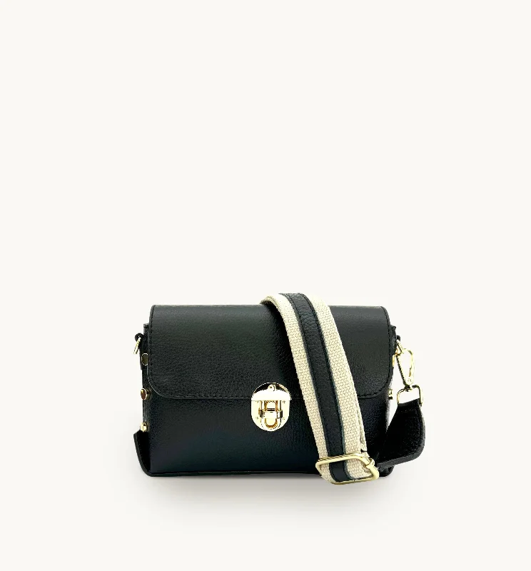 The Bloxsome Black Leather Crossbody Bag With Canvas Strap