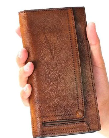 Handmade Leather Mens Cool Long Leather Wallet Bifold Clutch Wallet for Men