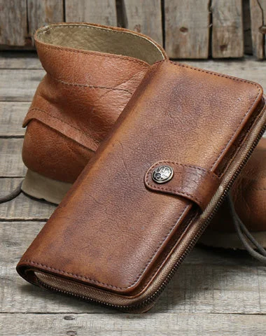 Cool Mens Leather long wallets zipper Vintage clutch wallet for men