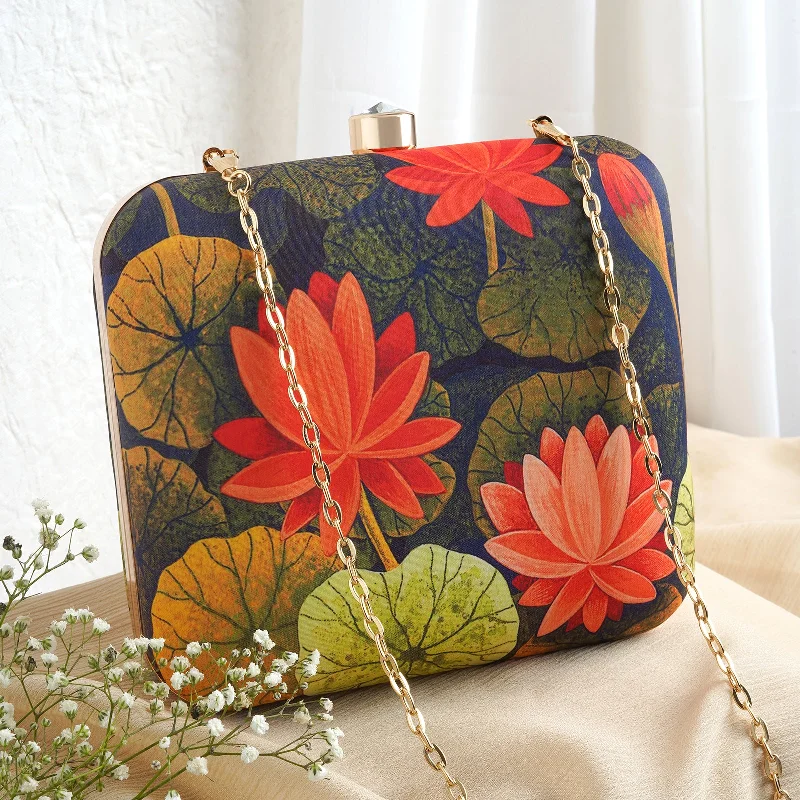 Love and Lotus Navy Blue and Red Printed Clutch